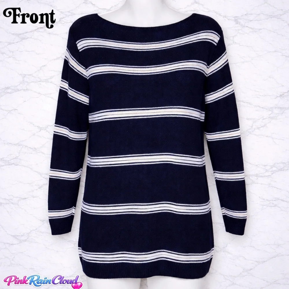 G.H. Bass Navy Blue White Stripe Cotton Sweater Nautical Women’s Large